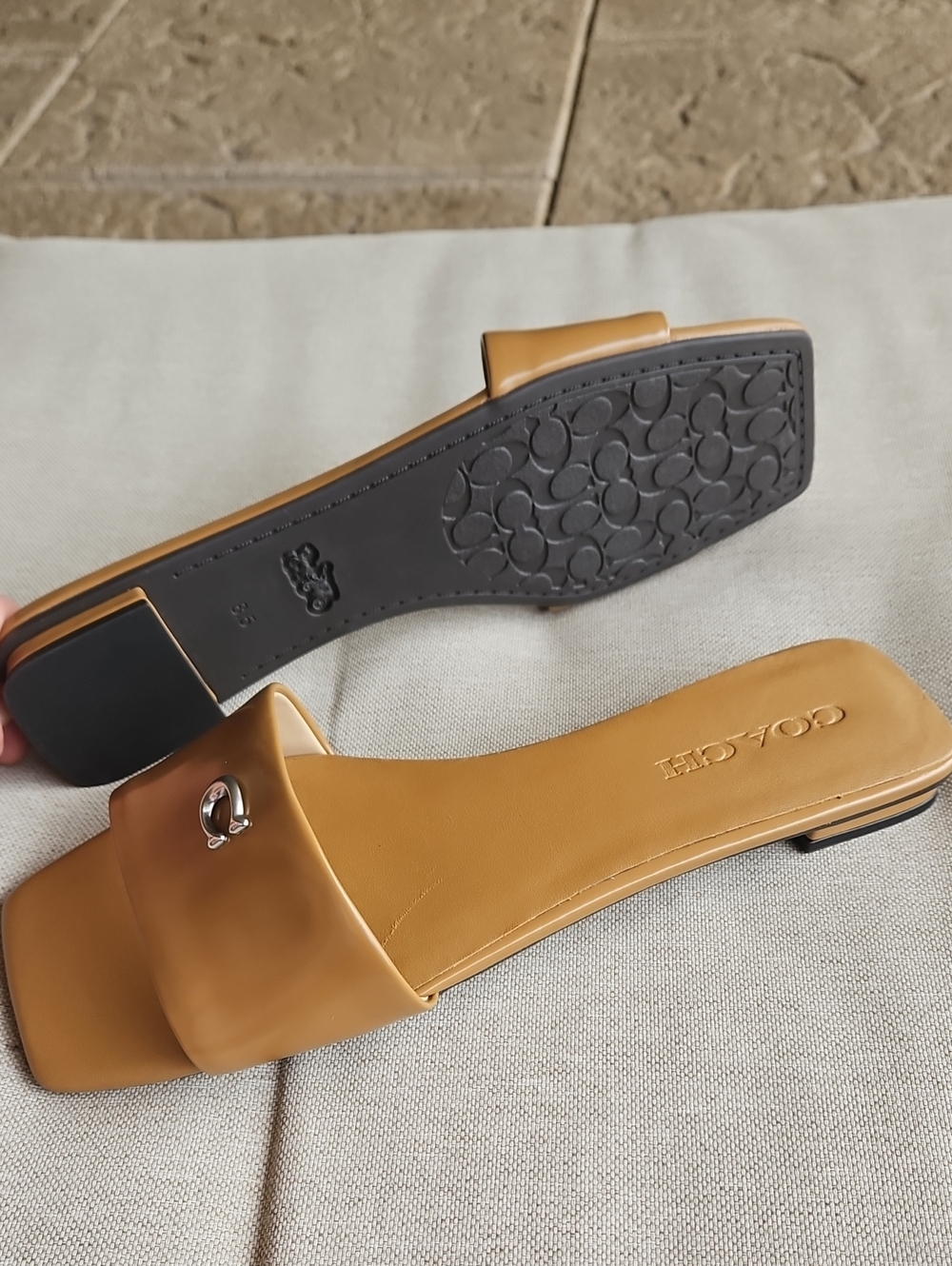Coach Holly Sandal Mules Smooth Leather, "C" Logo, Cushioned, Caramel Tan- 8.5